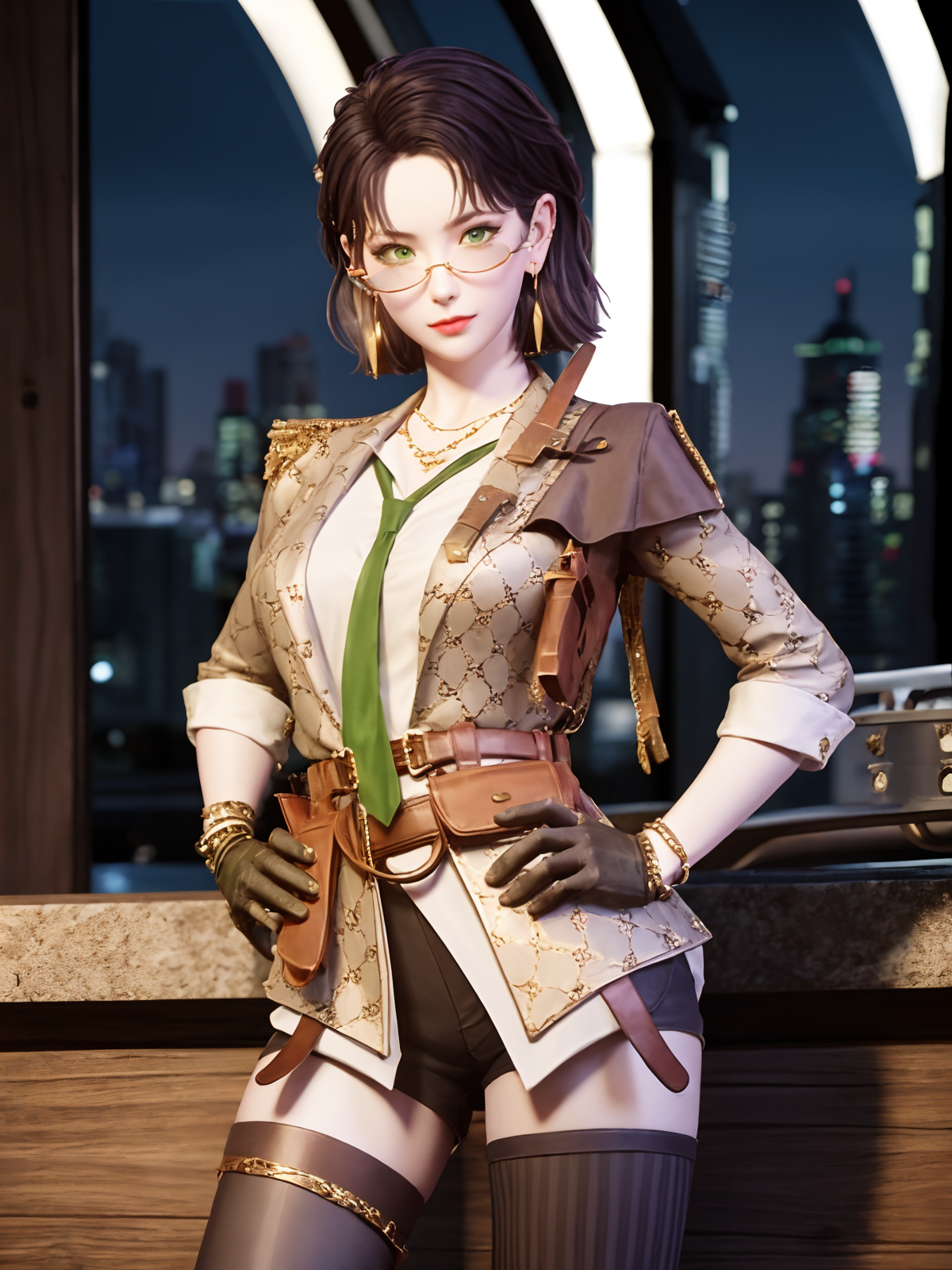 00001-3245626362-CFchuanshuoailishaQF, 1girl, solo, fingerless gloves, thighhighs, glasses, shorts, looking at viewer,  green eyes, jacket, jewel.png